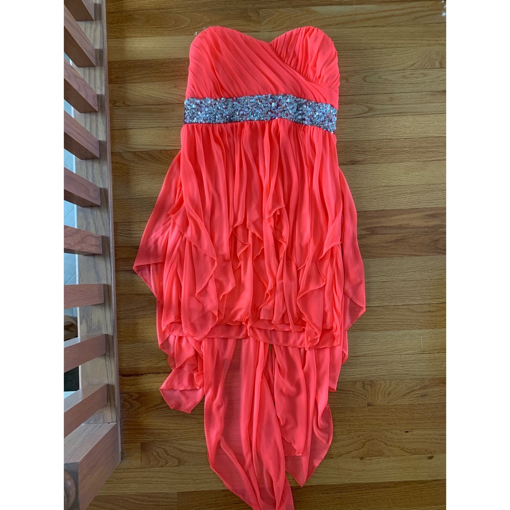 Coral High Low Strapless Dress
